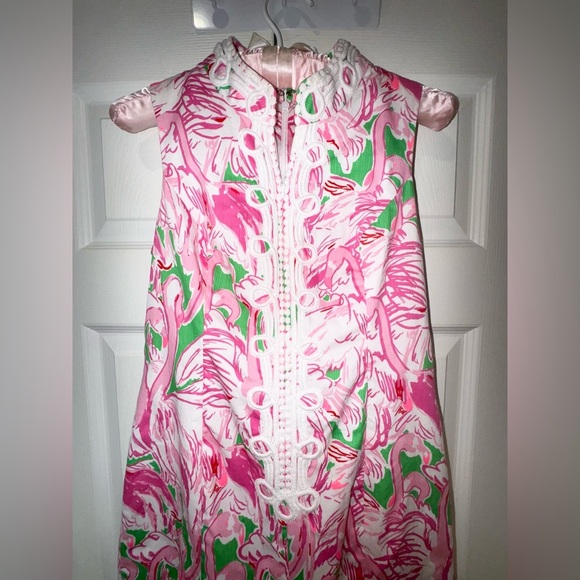 Lilly Pulitzer Alexa Shift Dress Flamingo Pink Green White Lace Size 0 - Picture 3 of 14